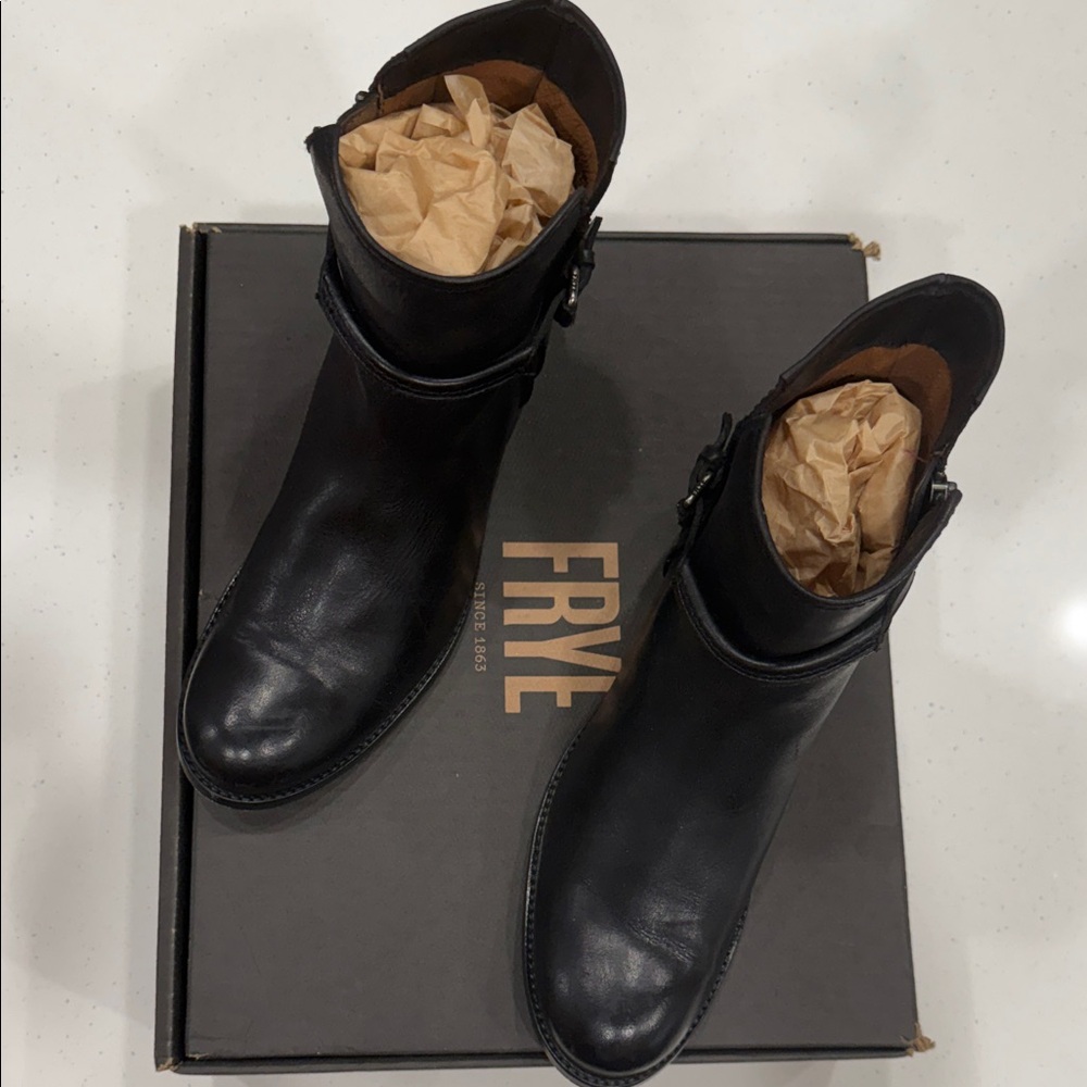 Frye Black Leather Harness Moto Boots